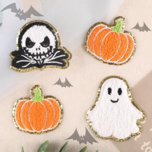 New Halloween Ghost Glitter Gold Rim Chenille Iron on Pumpkin Patches for Children Embroidery Patch DIY Bag Caps Sew Badge